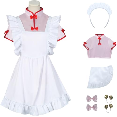 Windskids Shampoo Kostüm Damen Cosplay Anime Ranma 1/2 Shampoo Maid Uniform Cheongsam Schürze Haarbänder Kopfbedeckung Set für Fancy Dress Up Halloween Karneval Party Maskerade Performance Verkleidung von Windskids