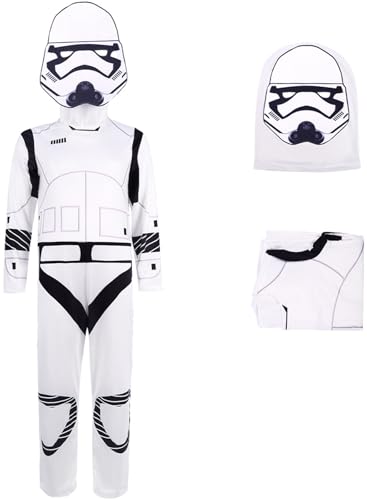 Windskids Soldat Kostüm Kinder Fasching Cosplay Planet Krieg Imperial Stormtrooper Langarm Druck Jumpsuit mit Maske für Fancy Dress Up Halloween Karneval Party Geburtstag Performance Verkleidung, Weiß von Windskids