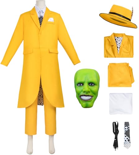Windskids Stanley Kostüm mit Maske Herren Maskenmann Jim Carrey Stanley Gelb Vintage Smoking Set Jacke Top Hose Träger Krawatte Hut für Halloween Karneval Party Maskerade Performance Verkleidung Windskids Stanley Kostüm mit Maske Herren Maskenmann Jim Carrey Stanley Gelb Vintage Smoking Set Jacke Top Hose Träger Krawatte Hut für Halloween Karneval Party Maskerade Performance Verkleidung von Windskids