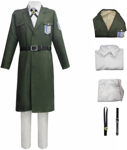 Windskids Survey Corps Cosplay Kostüm Erwachsene Anime AOT Eren Jäger Uniform Jacke Fliege Gürtel Top Hose Set 5 Stück für Halloween Karneval Party Maskerade Theater Performance Verkleidung, Armeegrün von Windskids
