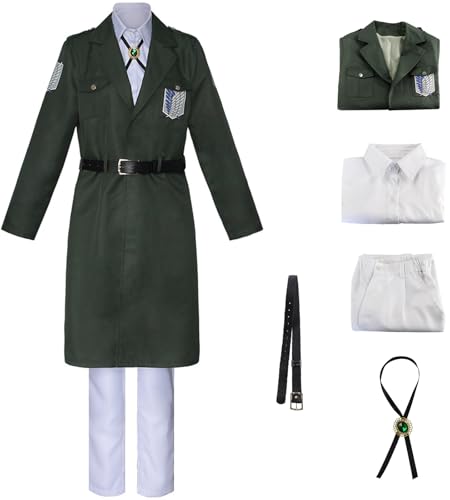 Windskids Survey Corps Cosplay Kostüm Erwachsene Anime AOT Eren Jäger Uniform Jacke Fliege Gürtel und Top Hose Set für Halloween Karneval Party Maskerade Theater Performance Verkleidung, Armeegrün von Windskids