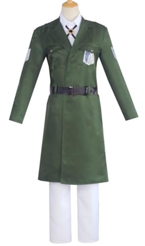 Windskids Survey Corps Kostüm Erwachsene Cosplay Anime AOT Eren Jäger Uniform Jacke Fliege Gürtel Top Hose Set 5 Stück für Halloween Karneval Party Maskerade Theater Performance Verkleidung, Armeegrün von Windskids