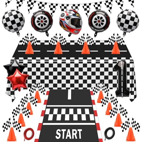 Windspeed Leitkegel und karierte Rennflaggen, Rennwagen-Party-Dekorationen umfassen 24P Handheld-karierte Flagge, 12P Mini-Verkehrskegel, Rennstrecken-Bodenlauf, hängende Rennflaggen, Luftballons von Windspeed