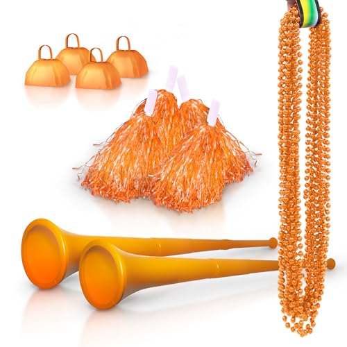 Windy City Novelties Schulgeist-Set mit 4 Kuhglocken, 4 Pompons, 2 zusammenklappbaren Stadionhörnern, 12 Perlenketten, Orange von Windy City Novelties