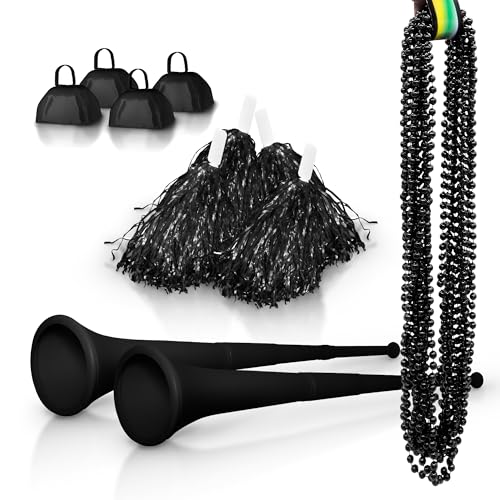 Windy City Novelties Schulgeist-Set mit 4 Kuhglocken, 4 Pompons, 2 zusammenklappbaren Stadionhörnern, 12 Perlenketten, Schwarz Windy City Novelties Schulgeist-Set mit 4 Kuhglocken, 4 Pompons, 2 zusammenklappbaren Stadionhörnern, 12 Perlenketten, Schwarz von Windy City Novelties