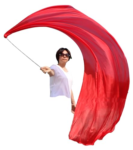 Winged Sirenny 230cm Bauchtanz Seidenschleier Poi Bälle mit Leichter Seidenschleier & Edelstahlseil für Bauchtanz, Tribal Dance, Flow-Kunst, Aufführungen & Anbetungstanz, 1 Stück (rot) von Winged Sirenny