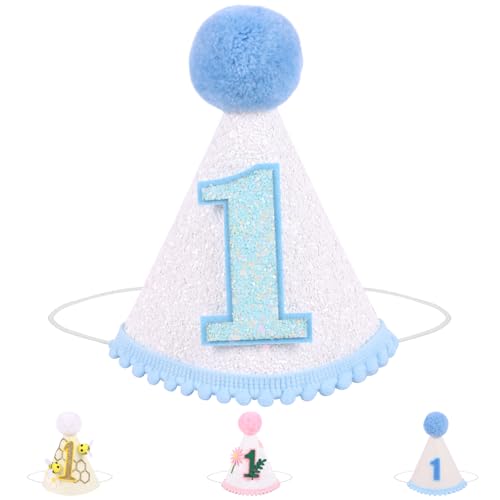 Winmany Baby 1. Geburtstag Hut Säugling Erster Geburtstag Kegel Kappe Kuchen Smash Party Foto Requisiten Kopfbedeckung Dekor für Mädchen Jungen (Glitzer Blau) von Winmany
