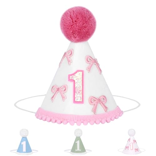Winmany Baby 1. Geburtstag Hut Säugling Erster Geburtstag Kegel Kappe Kuchen Smash Party Foto Requisiten Kopfbedeckung Dekor für Mädchen Jungen (Rosa Schleife) von Winmany