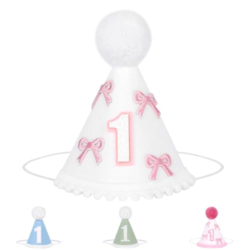 Winmany Baby 1. Geburtstag Hut Säugling Erster Geburtstag Kegel Kappe Kuchen Smash Party Foto Requisiten Kopfbedeckung Dekor für Mädchen Jungen (Weiße Schleife) von Winmany