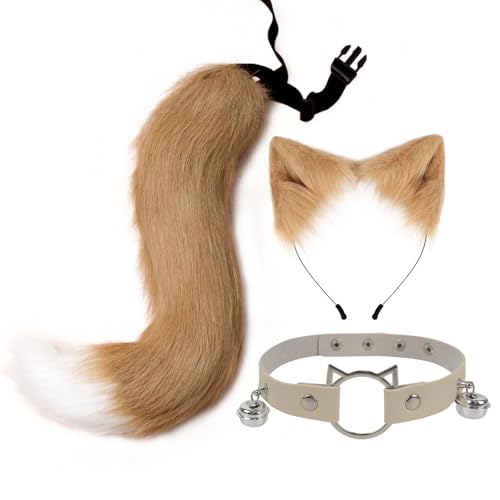 Winmany Kunstpelz Fuchs Katze Schwanz Kostüm Set Halloween Plüsch Ohr Stirnband Leder Halskette Kostüm Zubehör Cosplay Party Verkleidung Requisiten (Khaki) von Winmany