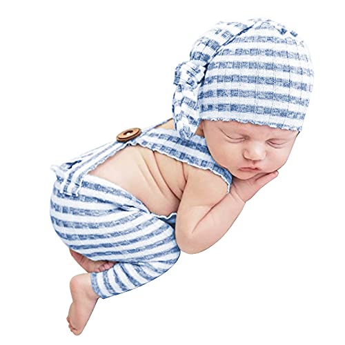 Winmany Neugeborenes Baby Fotografie Requisite Outfits Gestreifter Overall Strampler Knotenhut Fotoshooting Kostüm für 0-2 Monate, blau, 50 von Winmany