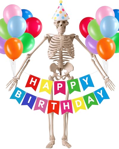 WinnerWhy 82 Stück 3,6 m Skelett Geburtstag Kostüm Zubehör enthalten Regenbogen Happy Birthday Banner Polka Cone Hut Luftballons Riesiges Skelett Outfit Set für Urlaub Garten Terrasse Rasen Dekor von WinnerWhy