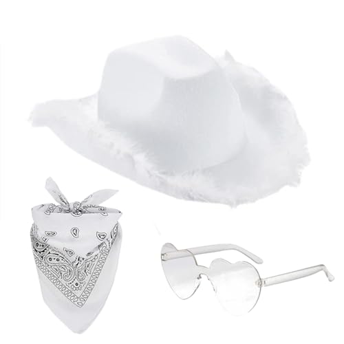 Cowboyhut für Damen, Filz, flauschiger Federbesatz, Cowgirl-Hut, breite Krempe, Kostüm-Cowgirl-Hut mit Herz, Brille, Bandana, Schal für Halloween, Geburtstag, Junggesellinnenabschied (weiß) von Winnsell