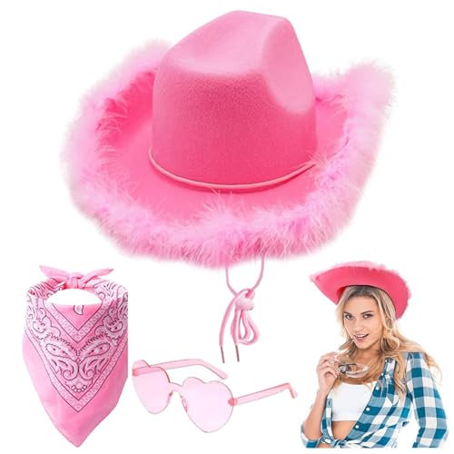 Winnsell Cowboyhut für Damen, Filz, flauschig, Federbesatz, Cowgirl-Hut, breite Krempe, Kostüm, Cowgirl-Hüte mit Herzbrille, Bandana, Schal für Halloween, Geburtstag, Junggesellinnenabschied (A) von Winnsell