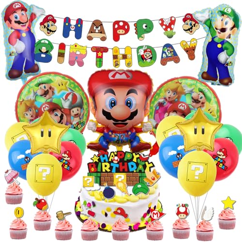 Geburtstagsparty-Dekorationen, 1 Happy Birthday-Banner, 12 Latex-Luftballons, 11 Kuchenaufsätze, Geburtstagsparty, super Dekorationszubehör für Jungen und Mädchen von Winric