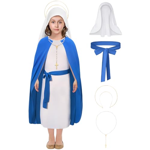 Maria Kostüm Mädchen Jungfrau Heilige Biblische Figur Outfit für Kinder Kleid Tunika Kopftuch für Krippenspiel Weihnachtskrippe Party (blau-weiß, S) von Winric