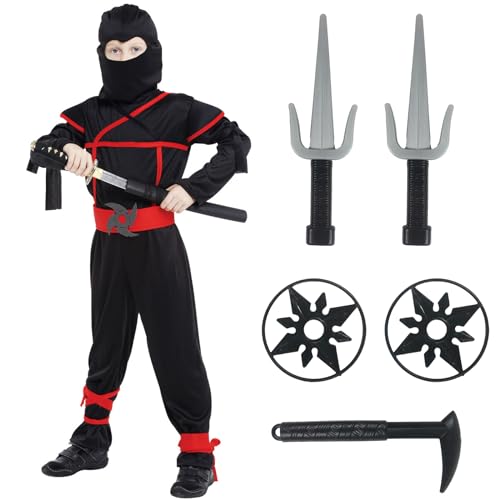 Ninja Kostüm Kinder, Kinderkostüm Ninja Set, Jungen Mädchen Ninja Anzug Kinder, Ninja Zubehör Kostüm für Halloween Verkleidung Karneval Party Cosplay, Rot Schwarz (L) von Winric