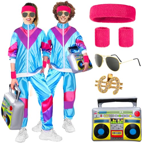Winric 80er 90er Jahre Outfit Herren Damen,7Pcs Blau Karneval Kostüm Trainingsanzug Retro Anzug mit Stirnband Armbänder Brille für Karneval (Blau, XL) von Winric