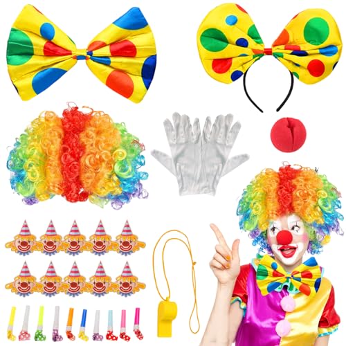 Winric Clown Kostüm Set, Clown Kostümzubehör,Regenbogen Clown Lockenperücke,ClownFliege, Handschuhe, Clown Nase,Halloween Kostümzubehör, Zirkus Requisiten, Karneval Cosplay von Winric