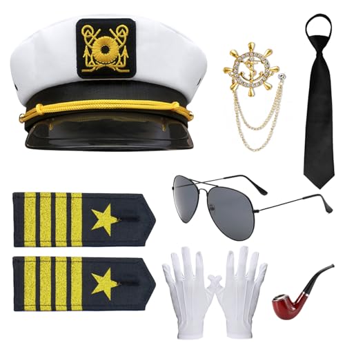 Winric Kapitän Matrose Kostüm Zubehör Set, 7 Stück Herren Ideal Kapitänsmütze Kostüm, Mütze Schal Sonnenbrille Kapitän Matrose Verkleidung Party Kostüm für Männer Frauen Winric Kapitän Matrose Kostüm Zubehör Set, 7 Stück Herren Ideal Kapitänsmütze Kostüm, Mütze Schal Sonnenbrille Kapitän Matrose Verkleidung Party Kostüm für Männer Frauen von Winric