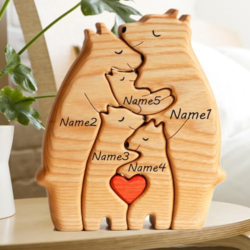 Personalisiertes Holzkunstpuzzle der Bärenfamilie, 2-7 Namen Benutzerdefinierte Holzbären Schnitzereien Familie Puzzle Geschenk, Desktop Ornament Home Tischdekoration für Familie Andenken Geschenke von Winscoy