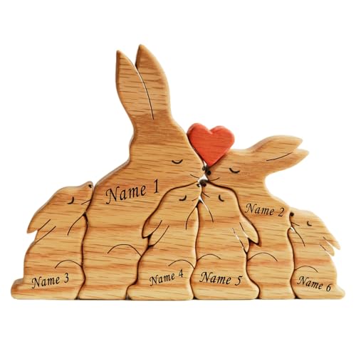Personalisiertes Holzkunstpuzzle der Kaninchenfamilie, 3-6 Namen Benutzerdefinierte Holzschnitzereien Familie Puzzle Geschenk, Desktop Ornament Home Tischdekoration für Familie Andenken Geschenke von Winscoy