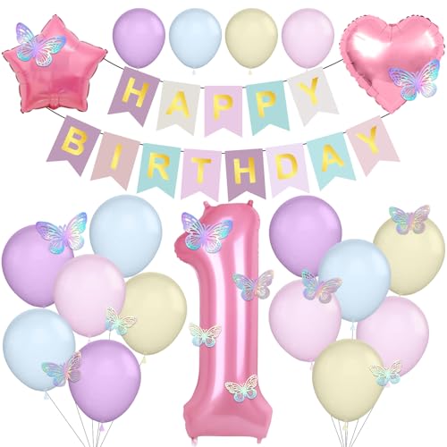 Pastellfarbenes Ballon-Set zum 1. Geburtstag, Ballon-Banner-Set, Nummer 1, Party-Dekorationen mit Schmetterlings-Banner, Stern-Herz-Luftballons für Kinder, Mädchen, Baby, 1 Jahr, Party-Dekoration Pastellfarbenes Ballon-Set zum 1. Geburtstag, Ballon-Banner-Set, Nummer 1, Party-Dekorationen mit Schmetterlings-Banner, Stern-Herz-Luftballons für Kinder, Mädchen, Baby, 1 Jahr, Party-Dekoration von Winsegom