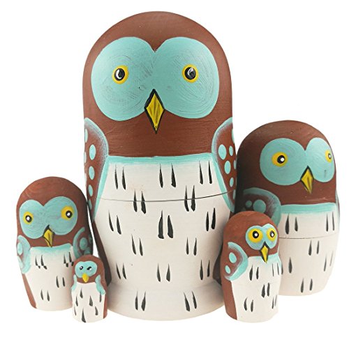 Winterworm Set mit 5 entzückenden Cartoon-Mini-Eulen-Nestingpuppen, Holzstapelspielzeug, Matroschka-Puppe, Kinderspielzeug, Geschenke, Eule, Ornament, Partyzubehör von Winterworm