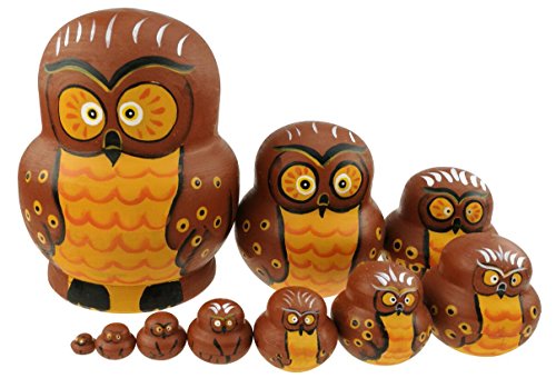 Set von 10 Tierthema Stapeln Spielzeug Russischen Puppe Handgefertigt Spielzeug aus Holz Panda Eule Pinguin Ente Küken AFFE Löwe für Kinder Kinderzimmer Decor (Eule 2) von Winterworm