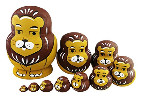 Set von 10 Tierthema Stapeln Spielzeug Russischen Puppe Handgefertigt Spielzeug aus Holz Panda Eule Pinguin Ente Küken Affe Löwe für Kinder Kinderzimmer Decor (Löwe) von Winterworm