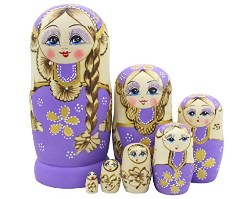 Set von 7 Zopf Mädchen Stapeln Spielzeug Russischen Puppe Handgefertigt Spielzeug aus Holz für Kinder Kinderzimmer Decor (Lila) von Winterworm
