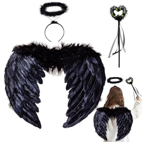 Winwild 3er Engelsflügel Schwarz mit Heiligenschein & Zauberstab,Liebe Engel Flügel Kinder Engel Kostüm Feder Flügel Dunkler Engel Kostüm Kinder Halloween Karneval Cosplay Accessoires(45CM×35CM) Winwild 3er Engelsflügel Schwarz mit Heiligenschein & Zauberstab,Liebe Engel Flügel Kinder Engel Kostüm Feder Flügel Dunkler Engel Kostüm Kinder Halloween Karneval Cosplay Accessoires(45CM×35CM) von Winwild