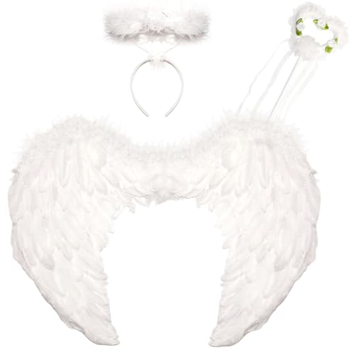3er Engelsflügel Weiß Liebe Engel Flügel mit Heiligenschein & Zauberstab,Engel Kostüm Damen Flügel Dunkler Engel Kostüm Kinder Engelsflügel Halloween Karneval Cosplay Accessoires(60CM×45CM) von Winwild