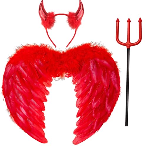 Winwild 3er Engelsflügel Rot Liebe Engel Flügel mit Teufelshörner & Zauberstab,Engel Kostüm Damen Flügel Dunkler Engel Kostüm Kinder Engelsflügel Halloween Karneval Cosplay Accessoires(60CM×45CM) von Winwild