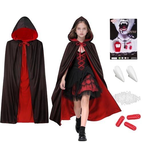 3er Unisex Vampir Kostüm Set,80cm Doppelseitig Vampir Umhang Kinder & Vampirzähne & Kunstblut,Rot Schwarz Halloween Umhang mit Kaputze Dracula Kostüme Cape Junge Mädchen Vampire Halloween Kostüm von Winwild