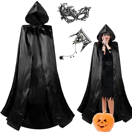 Halloween Umhang Damen mit Accessoires Maske & Finger Kette,140/150/170cm Schwarzer Umhang mit Kapuze Halloween Kostüm Vampir Umhang Schwarz Satin Cape Darth Vader Umhang Vampir Kostüm Erwachsene Halloween Umhang Damen mit Accessoires Maske & Finger Kette,140/150/170cm Schwarzer Umhang mit Kapuze Halloween Kostüm Vampir Umhang Schwarz Satin Cape Darth Vader Umhang Vampir Kostüm Erwachsene von Winwild
