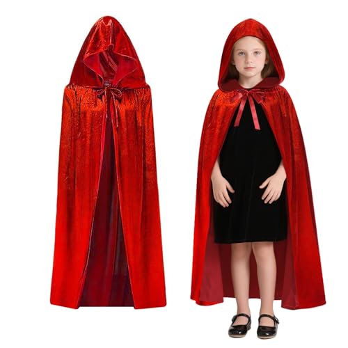 Winwild 100cm Roter Umhang mit Kapuze,Mädchen Rotes Cape Junge Samt Umhang Mädchen Halloween Kostüm Vampir Cape Hexenumhang Unisex für Halloween Mittelalter Karneval Kostüm Cosplay von Winwild