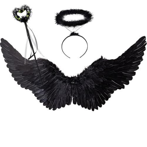 Winwild 3er Engelsflügel Schwarz Groß mit Heiligenschein & Zauberstab Set,105 cm Schwarzer Teufels Flügel Engel Kostüm Damen Accessoires für Halloween Karneval Cosplay Party Fasching Verkleidung Winwild 3er Engelsflügel Schwarz Groß mit Heiligenschein & Zauberstab Set,105 cm Schwarzer Teufels Flügel Engel Kostüm Damen Accessoires für Halloween Karneval Cosplay Party Fasching Verkleidung von Winwild