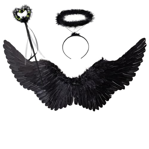 Winwild 3er Engelsflügel Schwarz mit Heiligenschein & Zauberstab Set,75 cm Schwarzer Flügel Engel Teufel Kostüm Damen Accessoires für Halloween Karneval Cosplay Party Fasching Verkleidung Erwachsene Winwild 3er Engelsflügel Schwarz mit Heiligenschein & Zauberstab Set,75 cm Schwarzer Flügel Engel Teufel Kostüm Damen Accessoires für Halloween Karneval Cosplay Party Fasching Verkleidung Erwachsene von Winwild