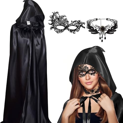 Winwild 3er Halloween Kostüm Umhang Set,140CM Schwarzer Umhang mit Kapuze & Maske & Halskette,Halloween Darth Vader Vampir Umhang Kostüm Damen Halloween Cape Satin für Karneval Fasching Partys Winwild 3er Halloween Kostüm Umhang Set,140CM Schwarzer Umhang mit Kapuze & Maske & Halskette,Halloween Darth Vader Vampir Umhang Kostüm Damen Halloween Cape Satin für Karneval Fasching Partys von Winwild