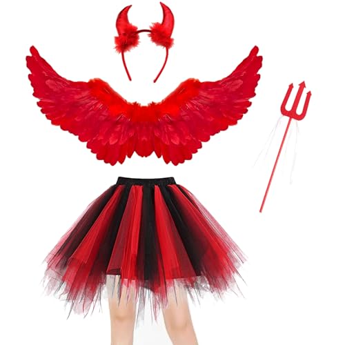 Winwild 4 Stück Engel Kostüm Damen Set 80CM Engelsflügel Rot Erwachsenes Engel Teufel Feen Kostüm Tüllrock mit Teufelshörner Zauberstab für Karneval Halloween Cosplay Fasching Verkleidung Winwild 4 Stück Engel Kostüm Damen Set 80CM Engelsflügel Rot Erwachsenes Engel Teufel Feen Kostüm Tüllrock mit Teufelshörner Zauberstab für Karneval Halloween Cosplay Fasching Verkleidung von Winwild