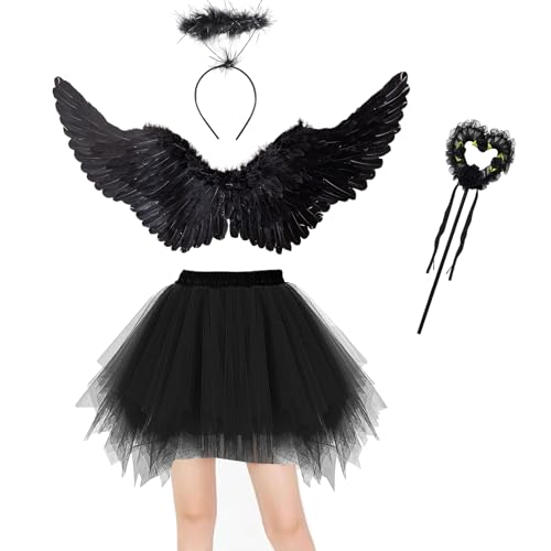 Winwild 4 Stück Engel Kostüm Damen Set 80CM Engelsflügel Schwarz Erwachsenes Engel Teufel Feen Kostüm Tüllrock mit Heiligenschein Zauberstab für Karneval Halloween Cosplay Fasching Verkleidung Winwild 4 Stück Engel Kostüm Damen Set 80CM Engelsflügel Schwarz Erwachsenes Engel Teufel Feen Kostüm Tüllrock mit Heiligenschein Zauberstab für Karneval Halloween Cosplay Fasching Verkleidung von Winwild