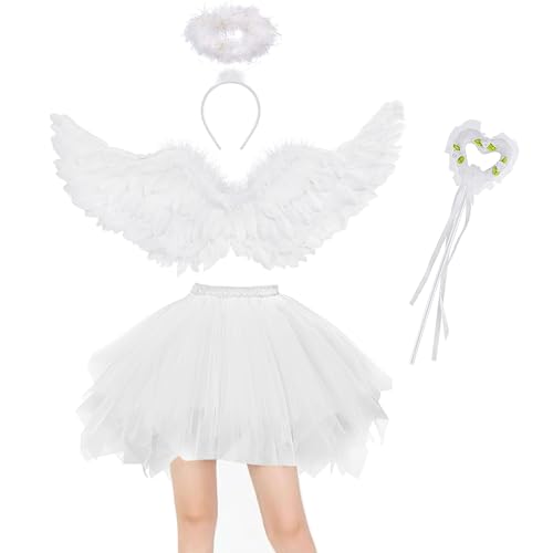Winwild 4 Stück Engel Kostüm Damen Set 80CM Engelsflügel Weiß Erwachsenes Engel Teufel Feen Kostüm Tüllrock mit Heiligenschein Zauberstab für Karneval Halloween Cosplay Fasching Verkleidung Winwild 4 Stück Engel Kostüm Damen Set 80CM Engelsflügel Weiß Erwachsenes Engel Teufel Feen Kostüm Tüllrock mit Heiligenschein Zauberstab für Karneval Halloween Cosplay Fasching Verkleidung von Winwild
