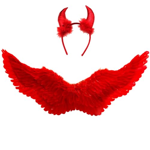 Winwild 75CM Engelsflügel Rot mit Teufelshörner Erwachsene Engel Flügel Damen Engel Teufel Feen Kostüm Accessoires für Halloween Karneval Cosplay Party Fasching Verkleidung von Winwild