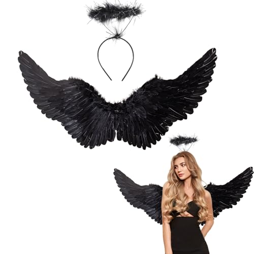 Winwild 75CM Engelsflügel Schwarz mit Heiligenschein Erwachsene Engel Flügel Damen Engel Teufel Feen Kostüm Accessoires für Halloween Karneval Cosplay Party Fasching Verkleidung von Winwild