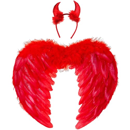 Winwild Engelsflügel Rot mit Teufelshörner Liebe Engel Flügel Kinder Engel Kostüm Feder Flügel Dunkler Engel Kostüm Kinder Halloween Karneval Cosplay Accessoires(45CM×35CM) von Winwild