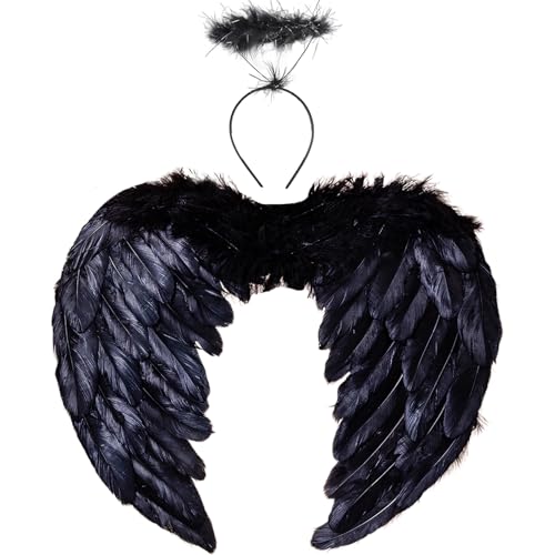 Winwild Engelsflügel Schwarz Liebe Engel Flügel mit Heiligenschein Engel Kostüm Damen Flügel Dunkler Engel Kostüm Kinder Engelsflügel Halloween Karneval Cosplay Accessoires(60CM×45CM) von Winwild