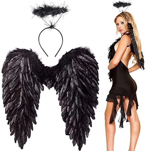 Winwild Engelsflügel mit Heiligenschein,Engel und Teufel Flügel Kostüm Damen,Feen Kostüm Erwachsene für Halloween Karneval Cosplay Party Fasching Kostümparty Verkleidung(Schwarz,60 x 60 cm) von Winwild