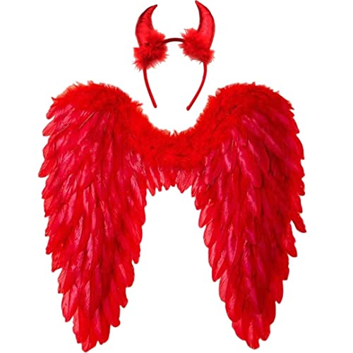 Winwild Engelsflügel mit Teufelshörner,Engel und Teufel Flügel Kostüm Damen,Gefallener Engel Kostüm Rot für Halloween Karneval Cosplay Party Fasching Kostümparty Verkleidung(Rot,60 x 60 cm) von Winwild