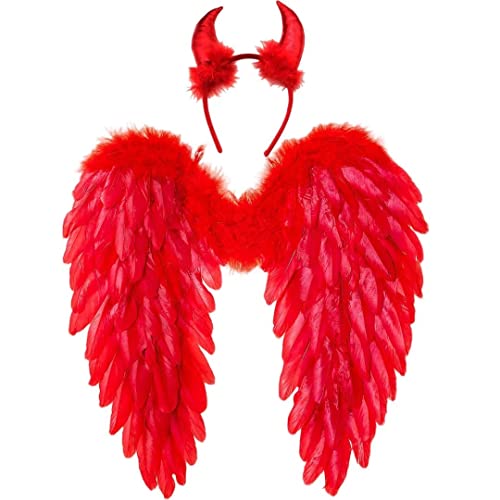 Winwild Engelsflügel mit Teufelshörner,Gefallener Engel und Teufel Flügel Kostüm für Damen und Mädchen Kinder für Halloween Karneval Cosplay Fasching Kostümparty Verkleidung(Rot,45 x 45 cm) von Winwild